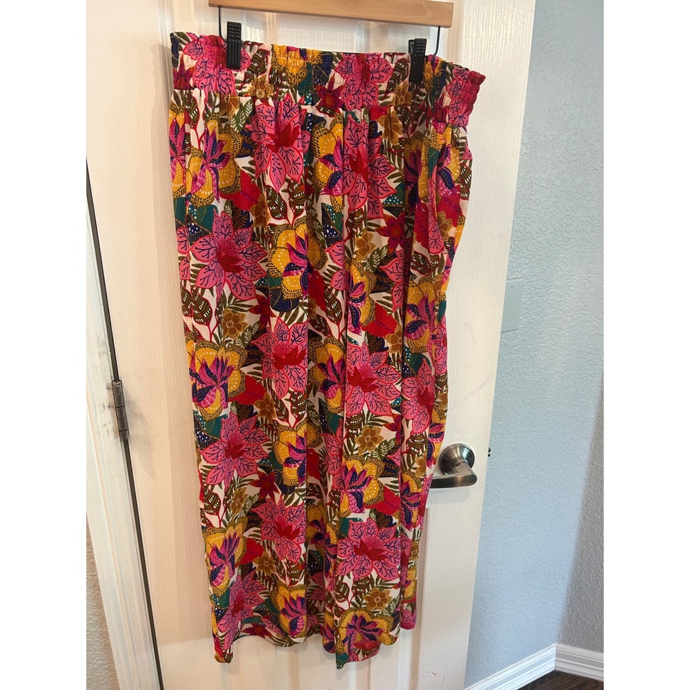 Rose + Olive Wide Leg Pants Multicolor Floral Smocked Waist Boho Tropical 1X